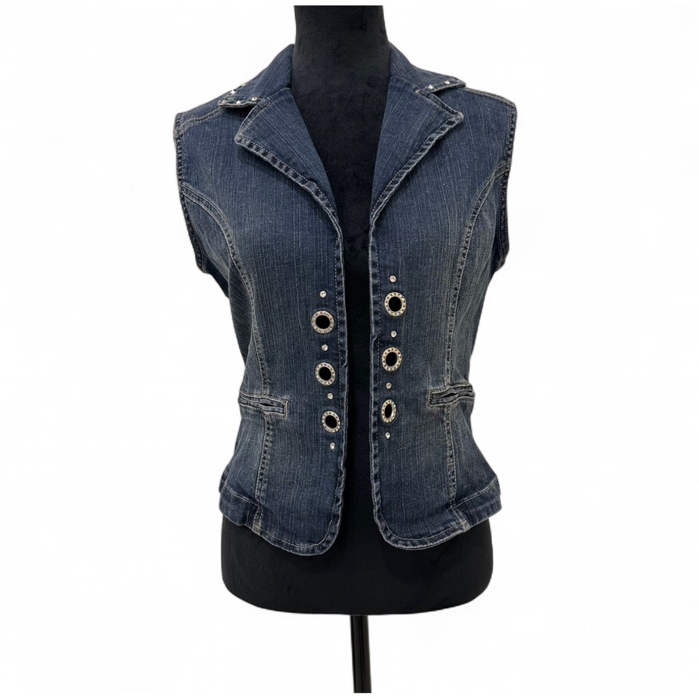 Y2K Ethyl Studded Rhinestone Open Denim‎ Vest Women's Small